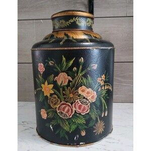 Vintage Tole Hand Painted Black Floral Large Metal Canister Covered Jar 12"
